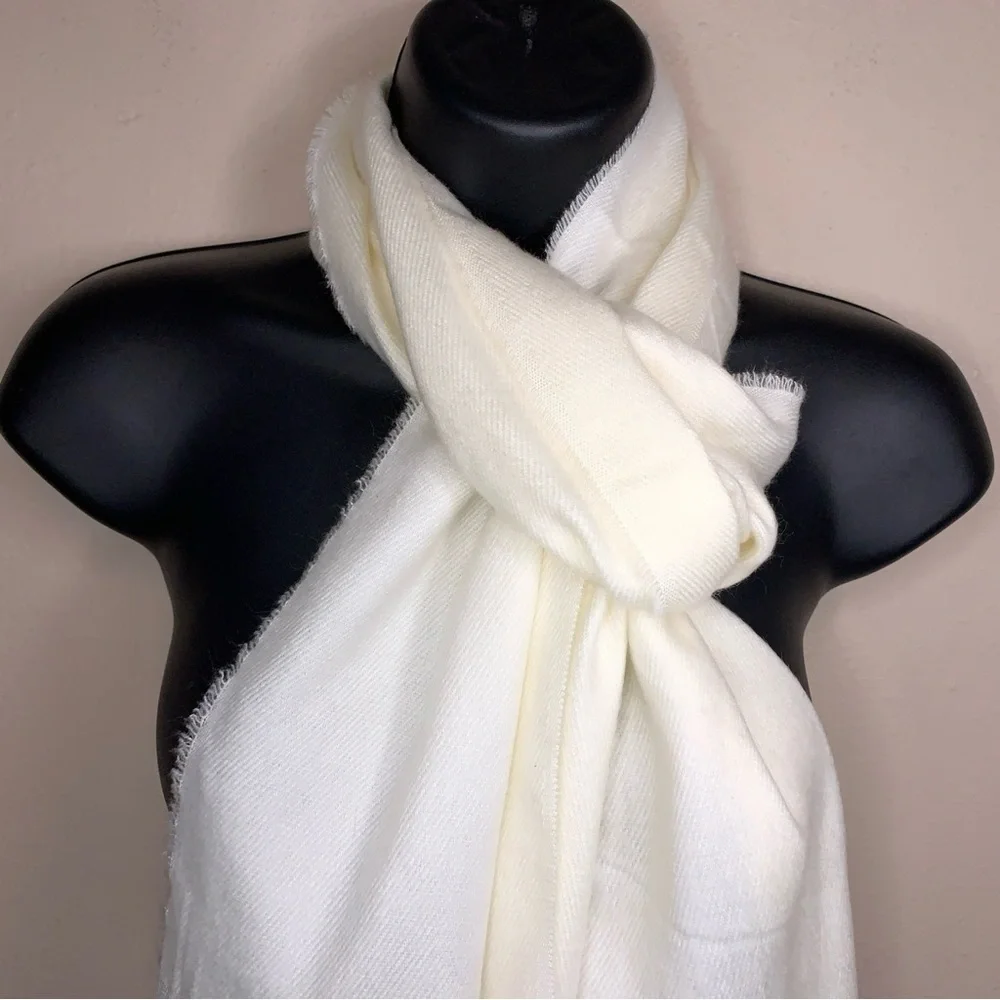 Soft Ivory Knit Scarf With Fringe Unisex Neutral
